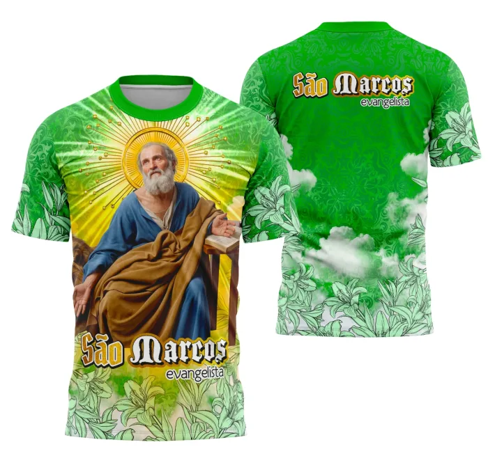Camiseta unissex preta com logo no peito e estampa grande nas costas com tema São Marcos Evangelista Religiosa, ideal para quem busca fé e estilo.