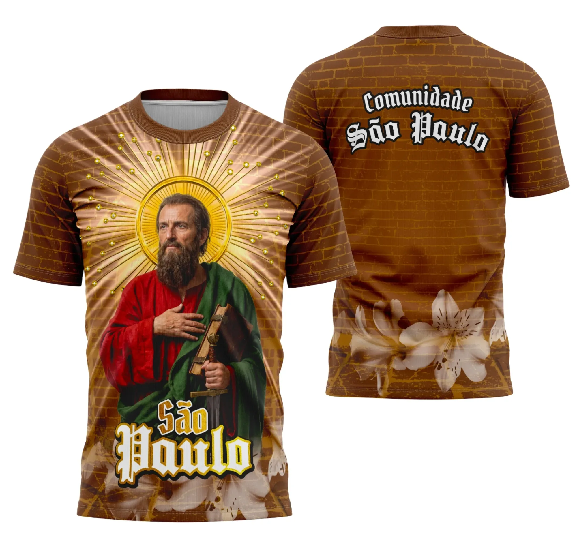 Camiseta unissex preta com logo no peito e estampa grande nas costas mostrando São Paulo Apóstolo em design religioso impactante, perfeita para quem busca estilo e fé em peça única.