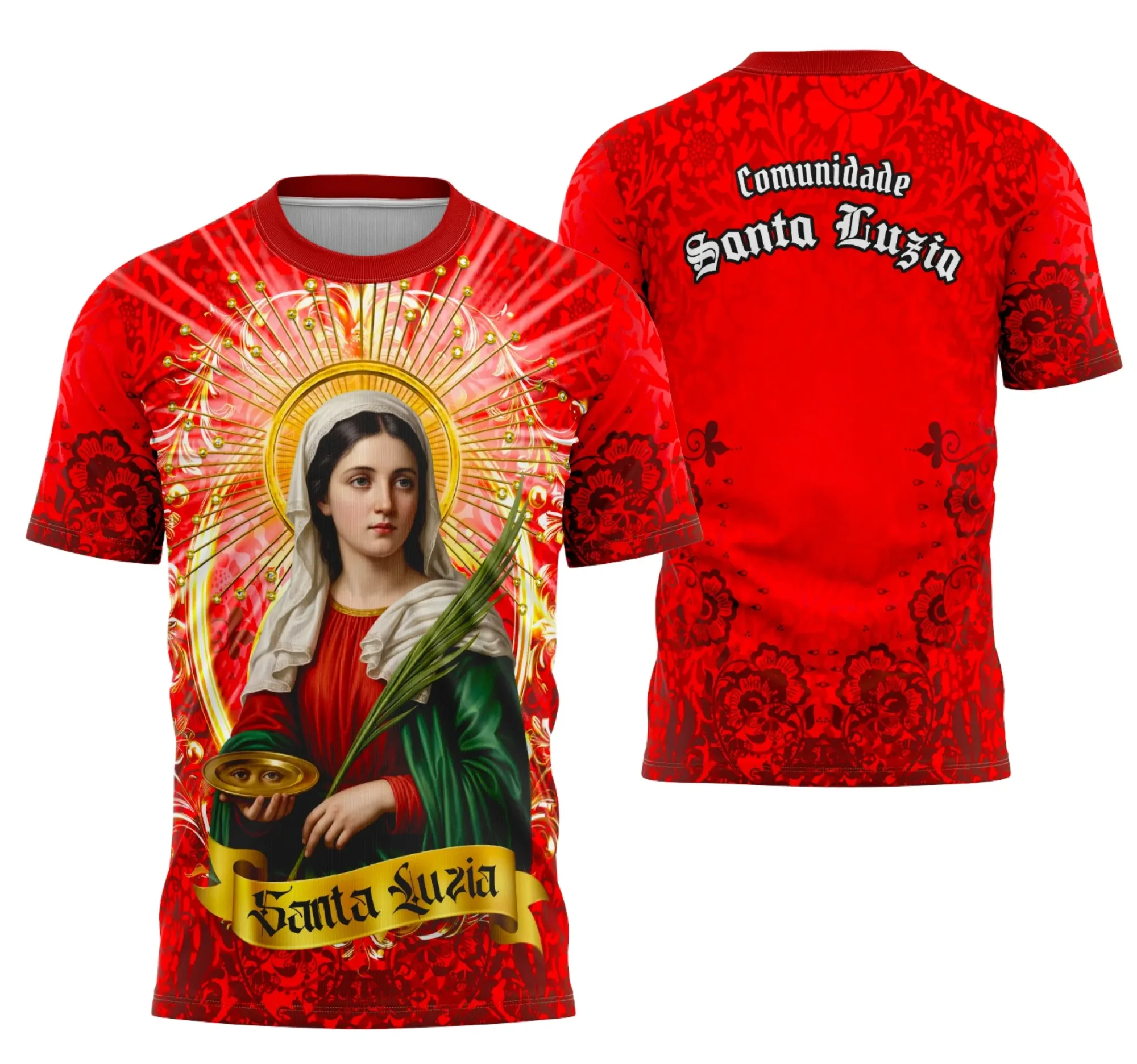 Camiseta unissex preta com logo no peito e estampa grande nas costas representando Santa Luzia, ideal para quem busca inspiração e fé em uma peça elegante e confortável.