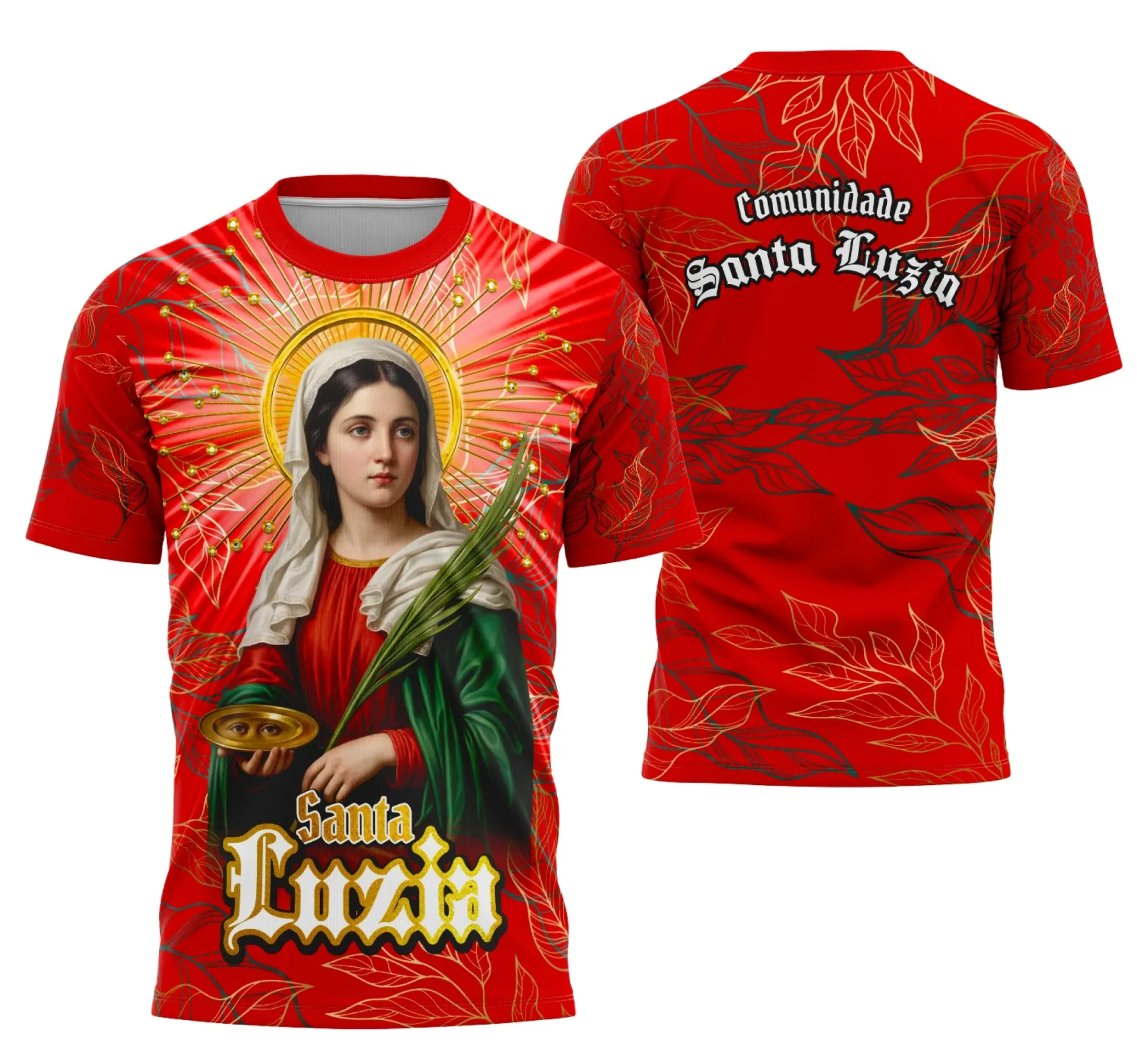 Camiseta unissex preta com logo no peito e estampa grande nas costas, celebrando a fé e tradição católica de Santa Luzia, ideal para mostrar devoção com estilo e conforto.