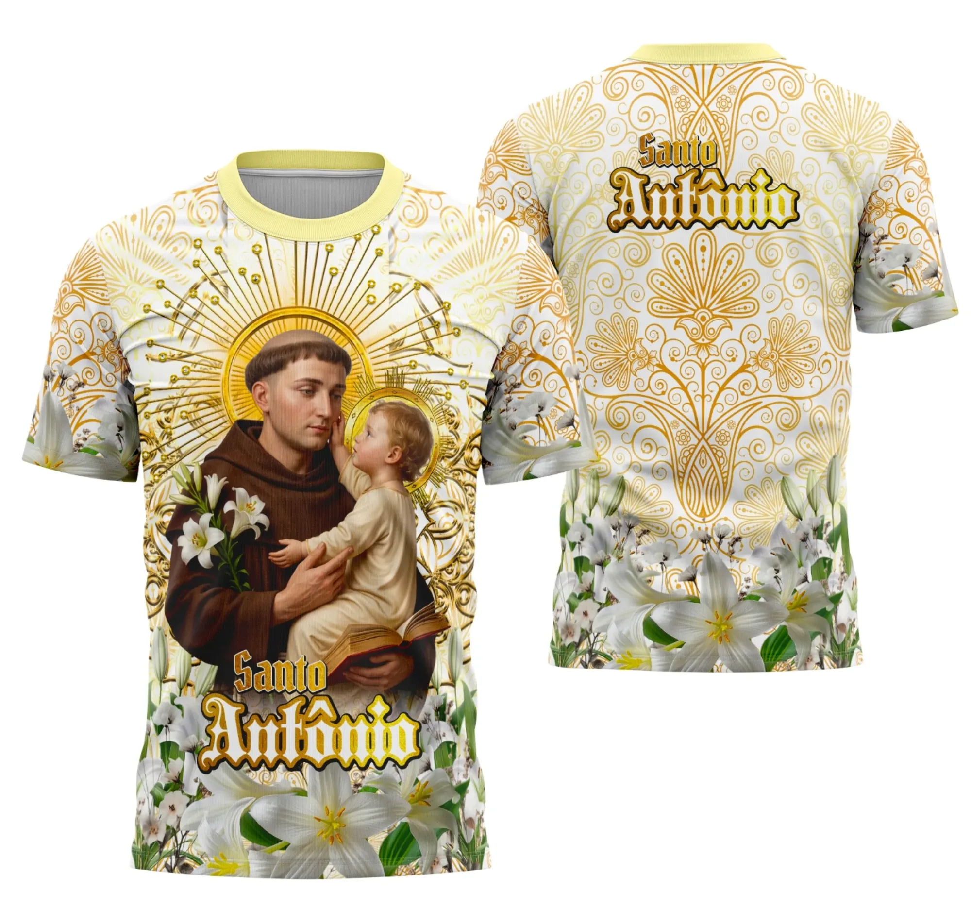 Camiseta unissex preta com logo no peito e estampa grande nas costas com tema Devocional Santo Antônio Católica, design moderno e elegante para quem valoriza a fé.