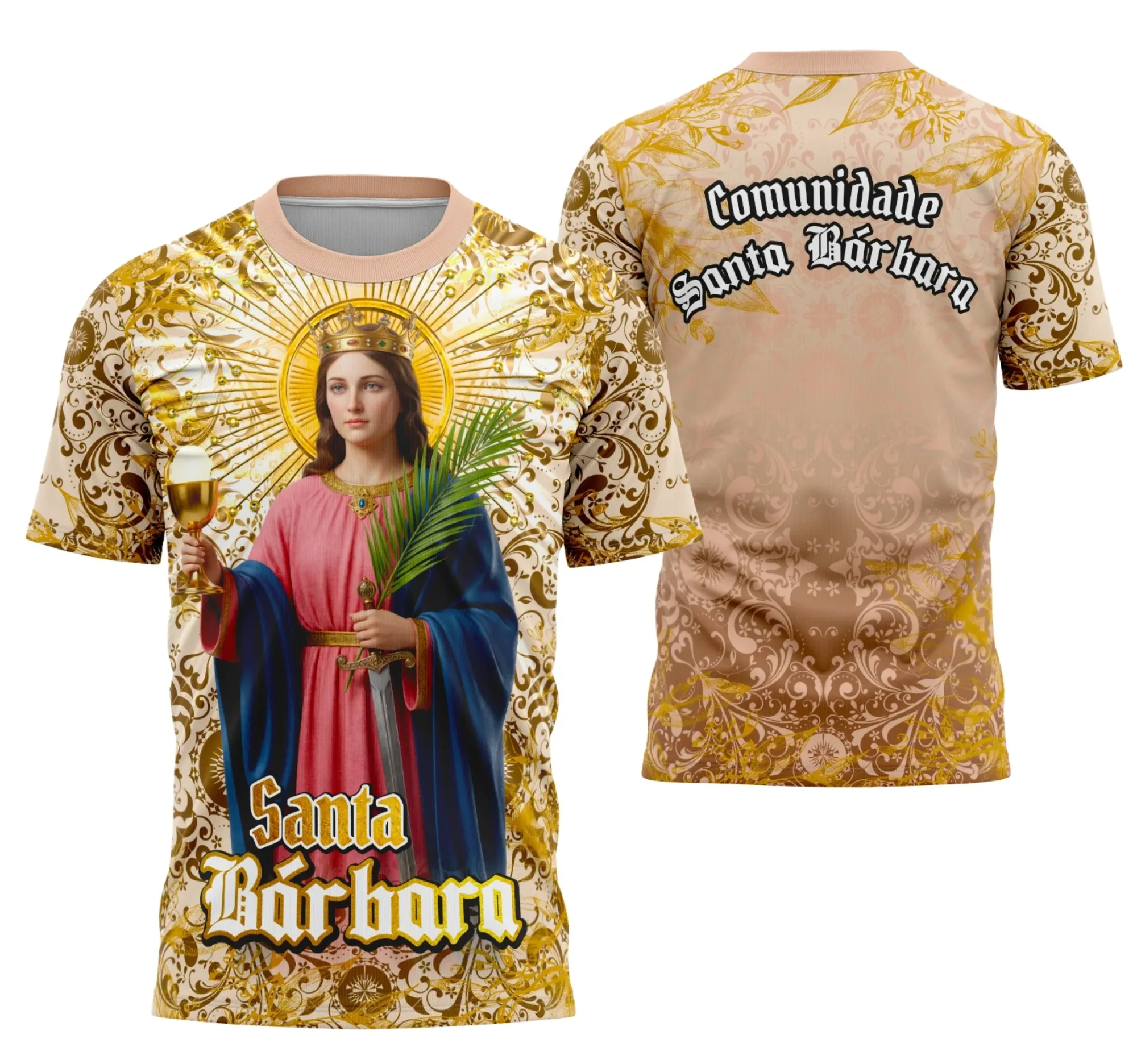 Camiseta unissex preta com logo no peito e estampa grande nas costas da Santa Bárbara, símbolo da fé católica, perfeita para usar em eventos religiosos ou no dia a dia.