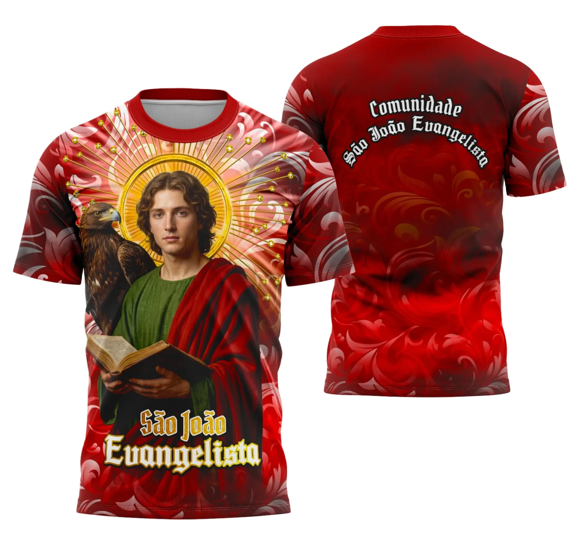 Camiseta unissex preta com logo no peito e estampa grande nas costas representando São João Evangelista e a fé católica