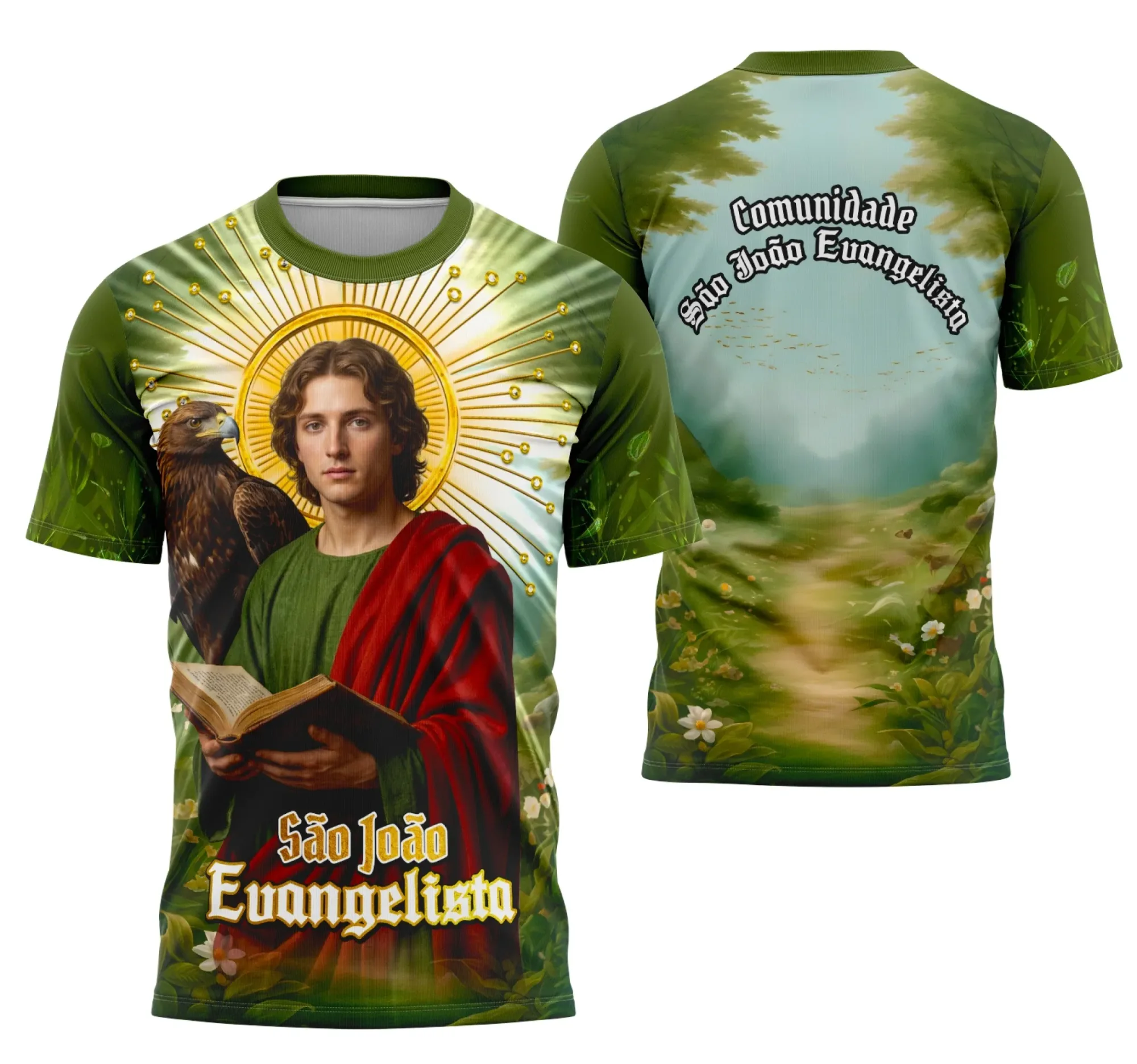 Camiseta preta unissex com logo no peito e estampa grande nas costas inspirada em São João Evangelista Fé, combinando estilo religioso e moderno para uso casual.