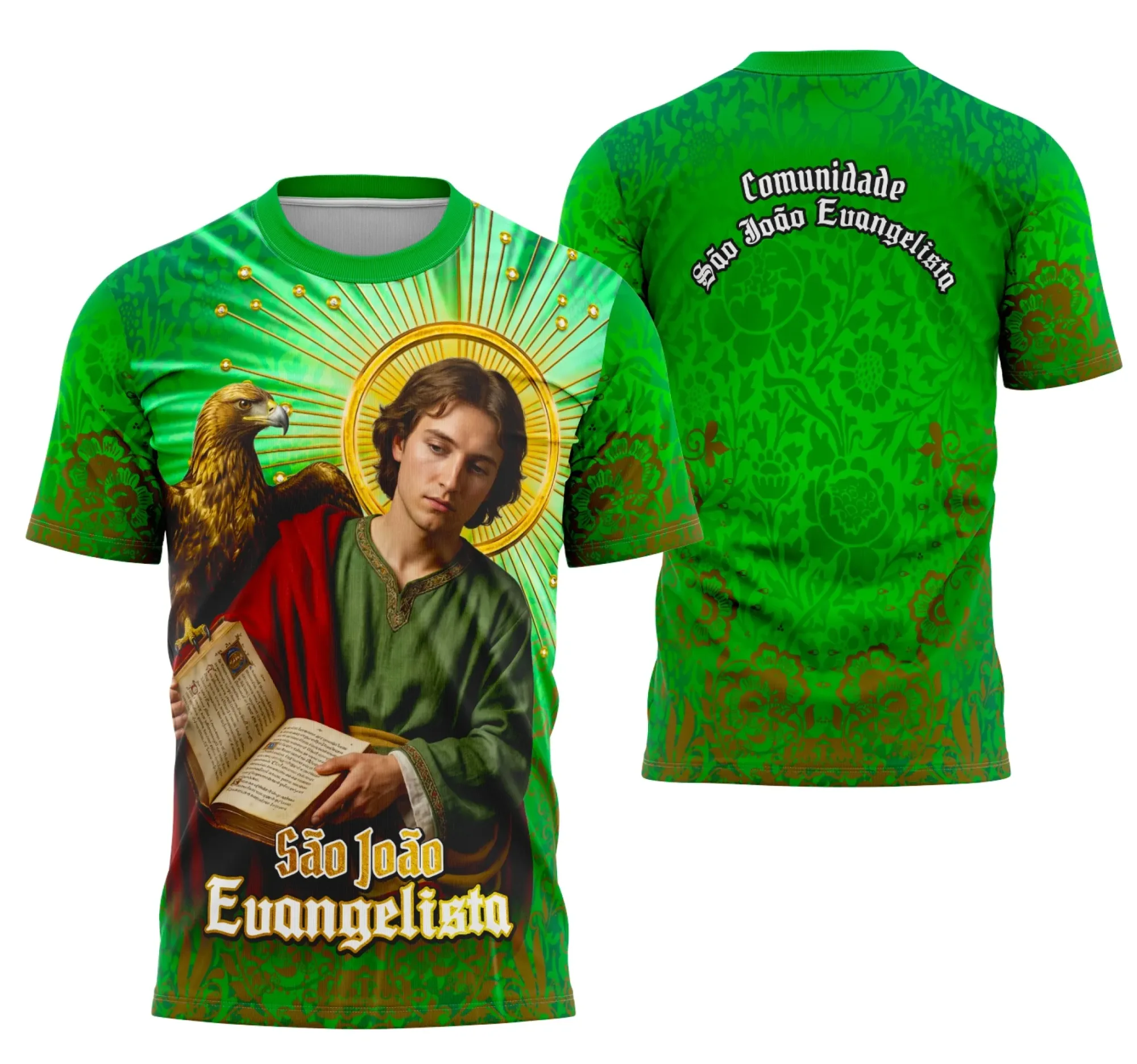 Camiseta unissex preta com logo no peito e estampa grande nas costas de São João Evangelista, design religioso e personalizado, ideal para eventos ou uso diário.