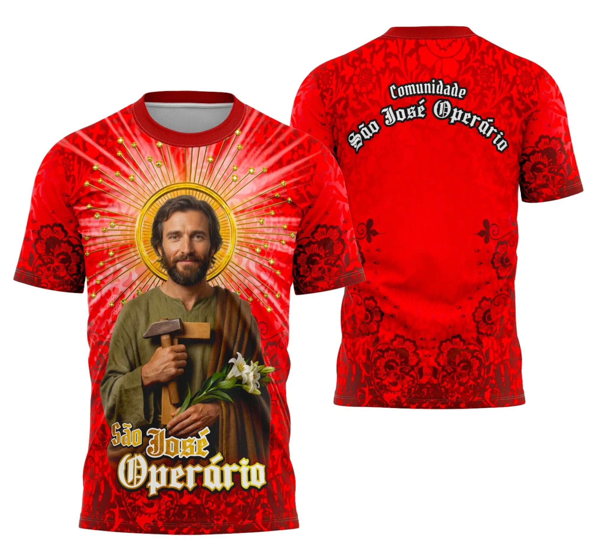 Camiseta unissex branca com logo no peito e estampa grande nas costas do São José Operário, ideal para devotos e admiradores da fé católica.