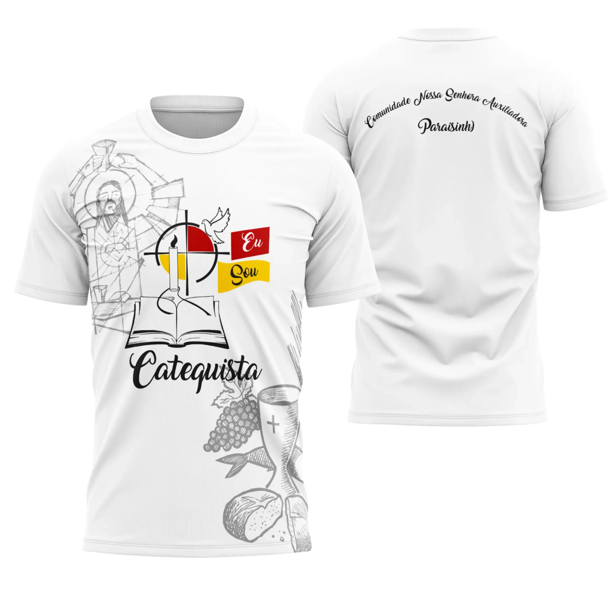 Camiseta unissex branca com logo no peito e estampa grande nas costas destacando o tema Catequese Catarina Catequista, ideal para momentos de fé e encontros de igreja.