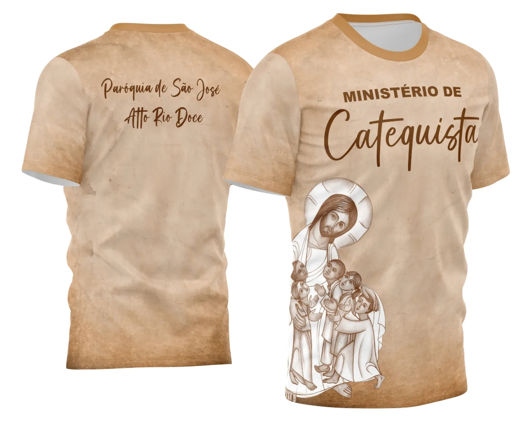 Camiseta unissex preta com logo no peito e estampa grande nas costas, inspirada na celebração do Ministério de Catequista 2026, perfeita para eventos religiosos e momentos de fé.
