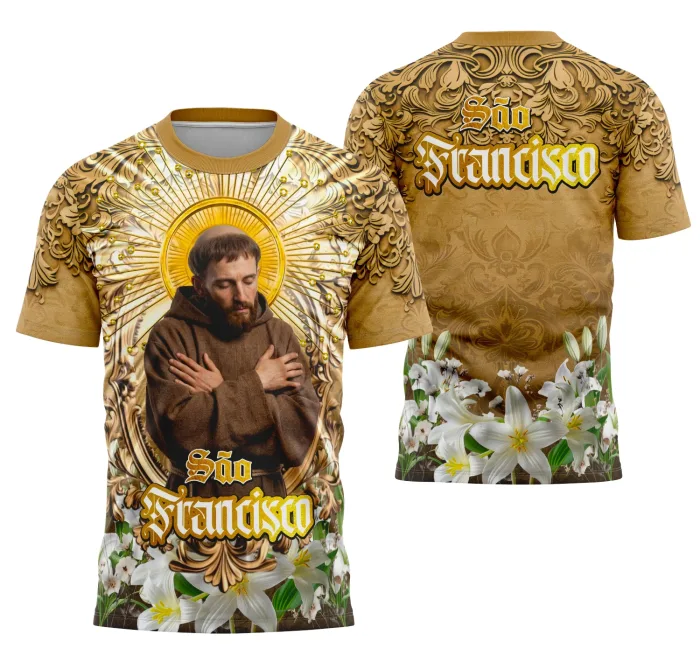 Camiseta unissex preta com logo no peito e estampa grande nas costas inspirada em São Francisco de Assis, ideal para quem busca estilo e fé no visual.