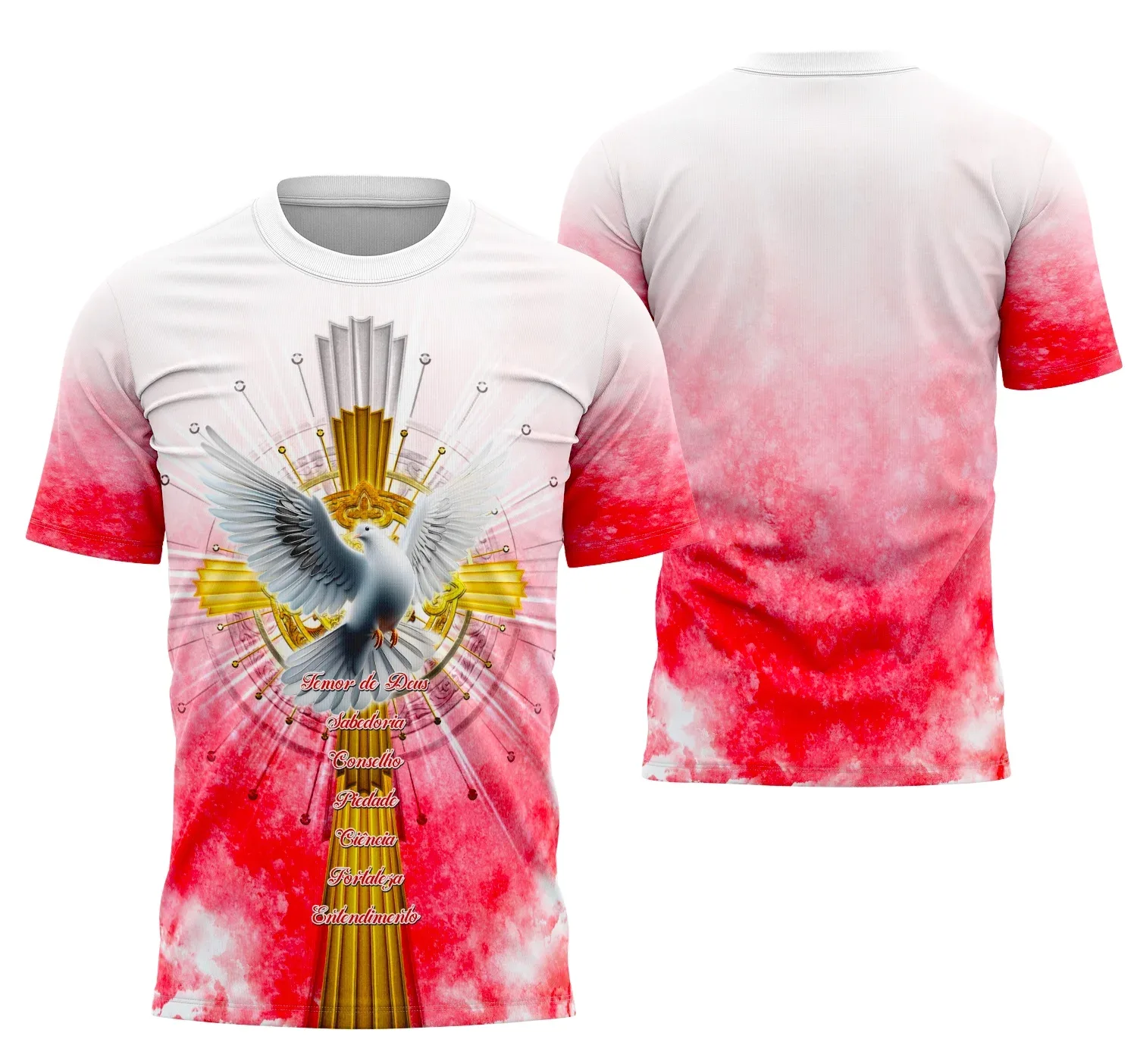 Camiseta unissex branca com logo no peito e estampa grande nas costas com tema da Igreja Católica Crisma 2026, ideal para celebração e eventos religiosos.