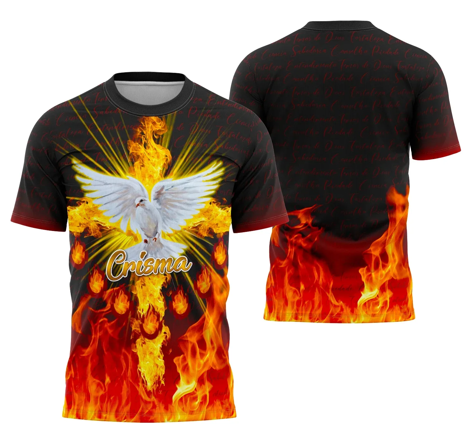 Camiseta preta unissex com logo no peito e estampa grande nas costas mostrando tema Igreja Católica Crisma 2026, design moderno e elegante para celebração religiosa.
