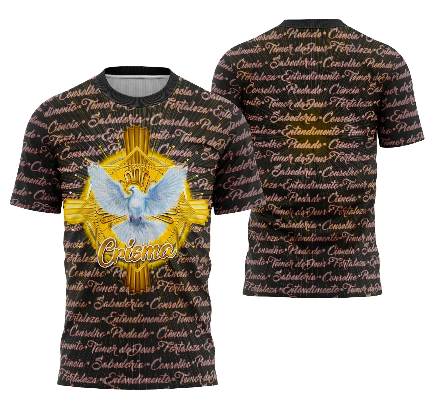 Camiseta unissex branca com logo no peito e estampa grande nas costas com tema Igreja Católica Crisma 2026, ideal para celebração religiosa ou evento da comunidade.