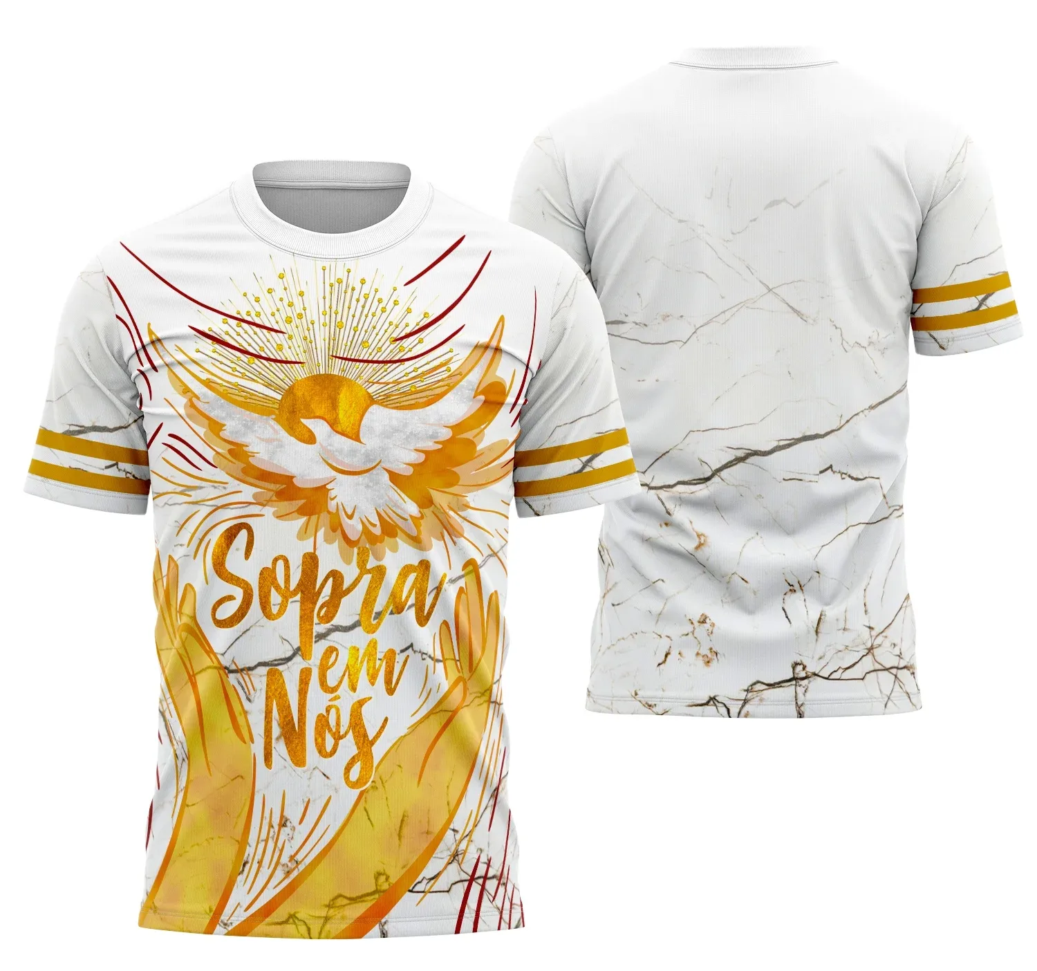 Camiseta unissex branca com logo no peito e estampa grande nas costas sobre a Igreja Católica Crisma 2026, destacando design elegante e tema religioso.