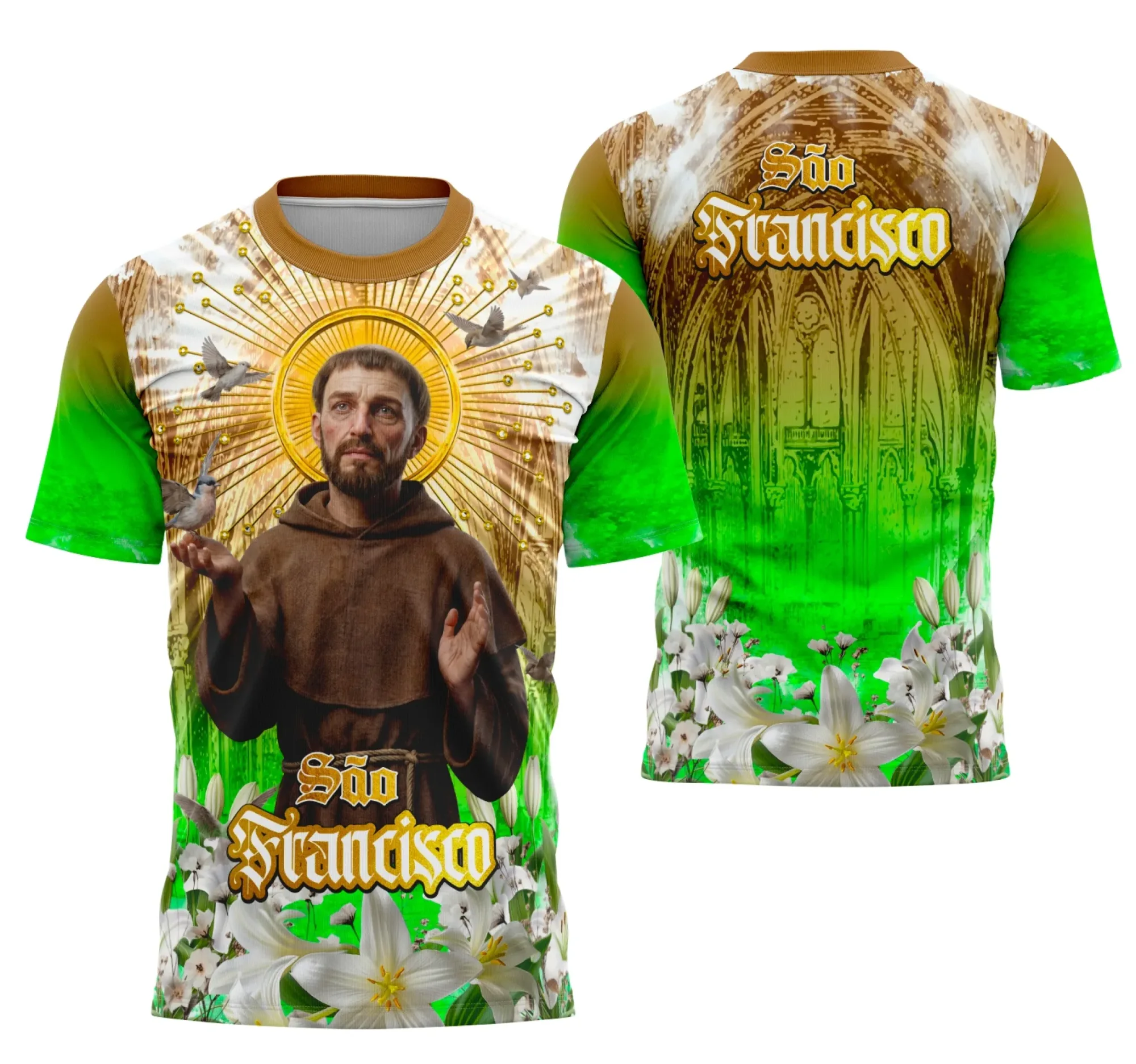 Camiseta unissex branca com logo no peito e estampa grande nas costas com tema São Francisco de Assis e inspiração no catolicismo