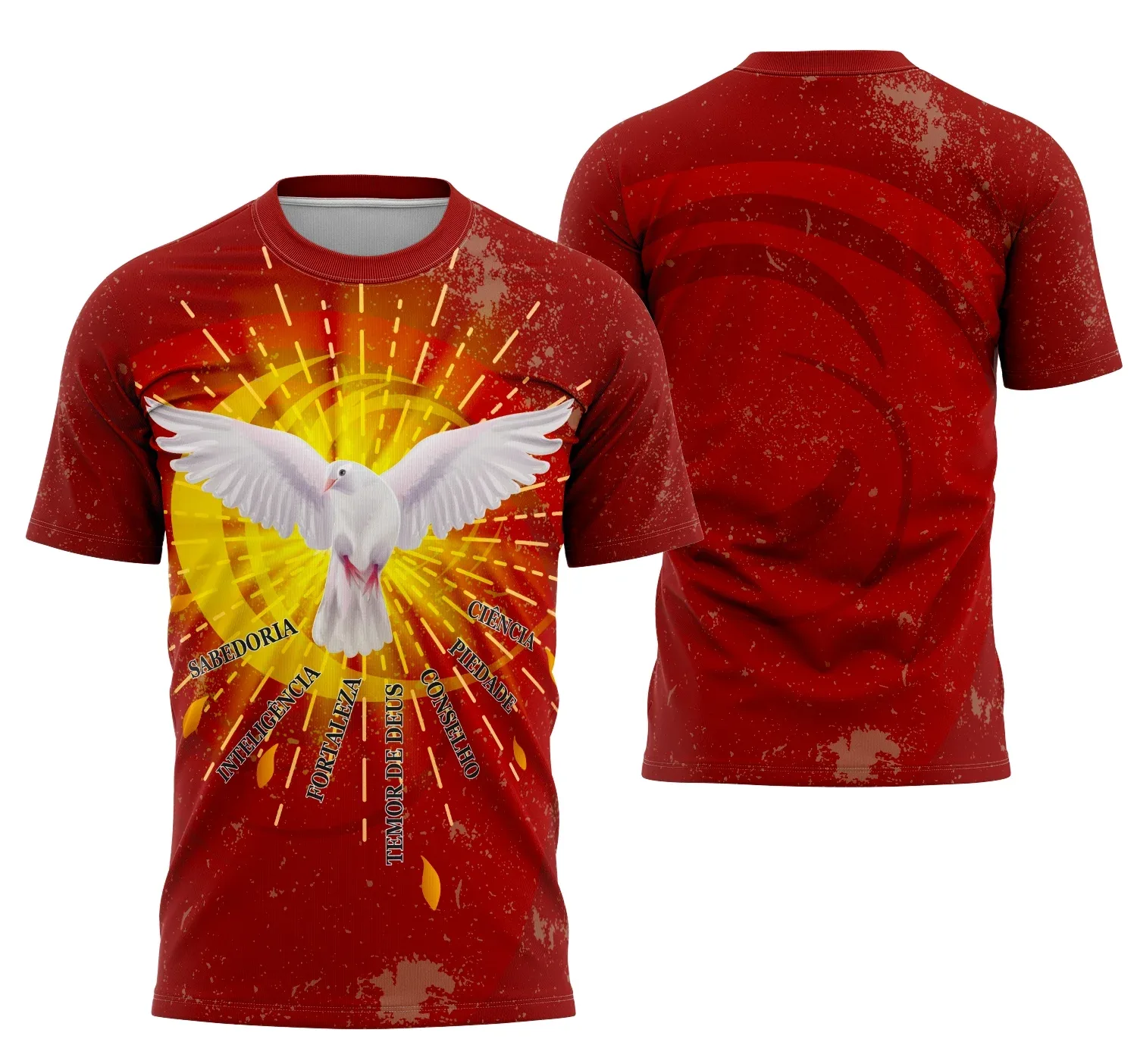 Camiseta unissex branca com logo no peito e estampa grande nas costas destacando o tema Igreja Católica Crisma 2026 modelo 12, ideal para uso em eventos religiosos e celebrações.