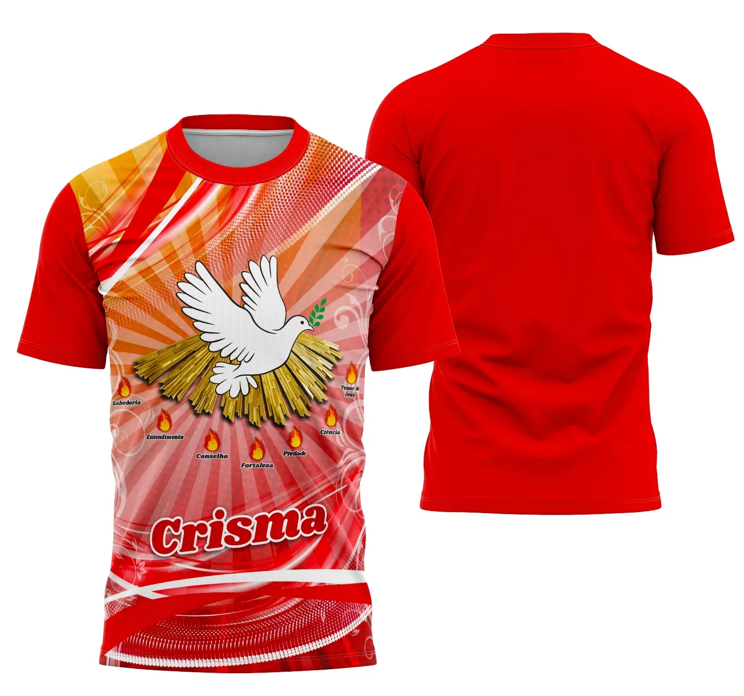 Camiseta unissex branca com logo no peito e estampa grande nas costas, tema Igreja Católica Crisma 2026 modelo 18, estilo moderno e confortável para eventos religiosos.