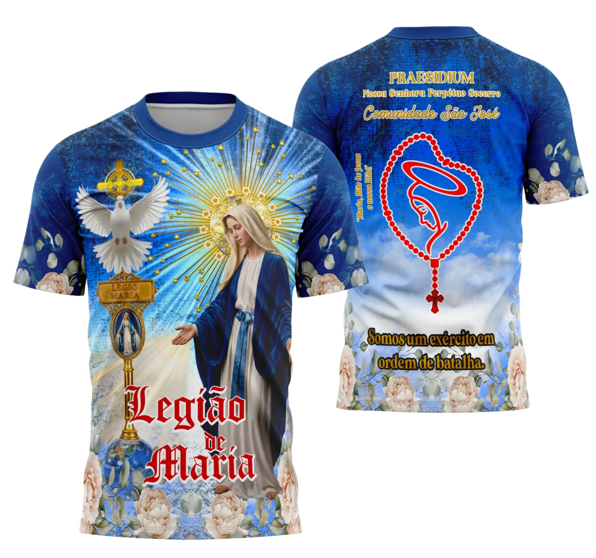 Camiseta unissex preta com logo no peito e estampa grande nas costas com tema Legião de Maria Religião, perfeita para quem busca estilo e fé em uma peça confortável.