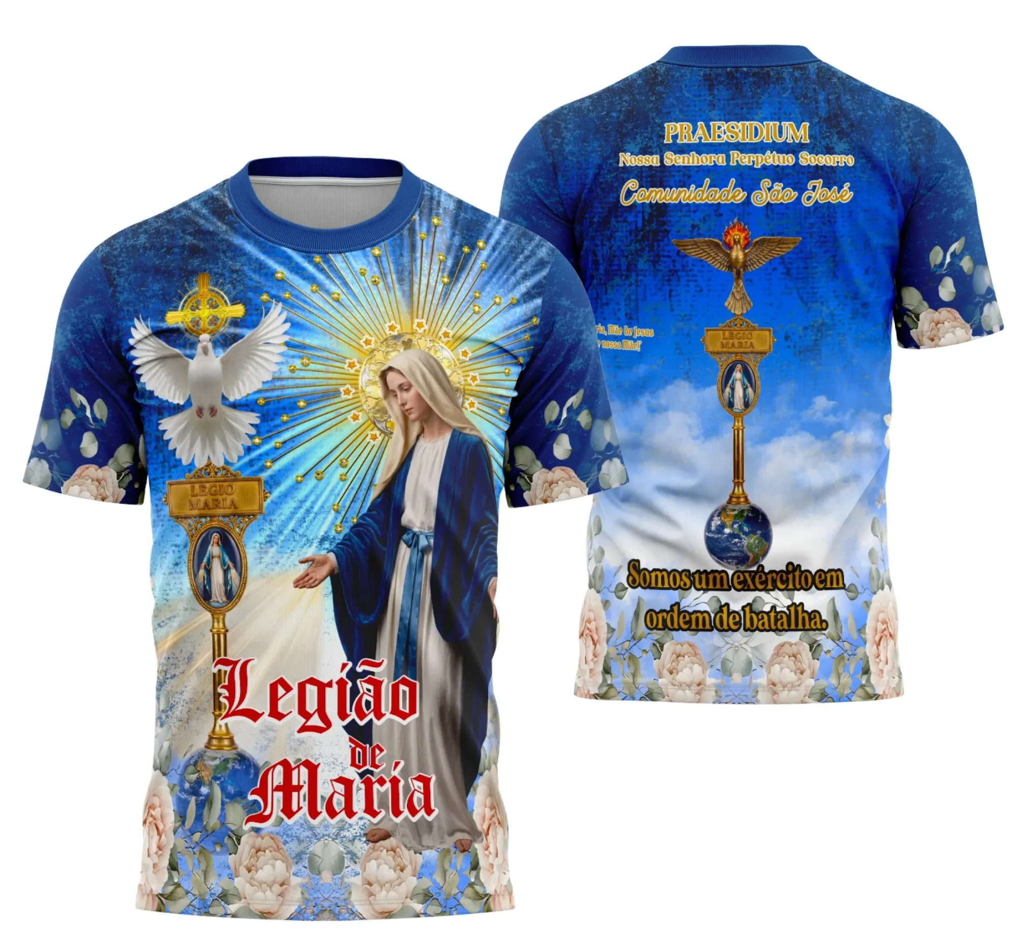 Camiseta unissex preta com logo no peito e estampa grande nas costas da Legião de Maria, modelo 01, tema religioso, ideal para uso casual e eventos.